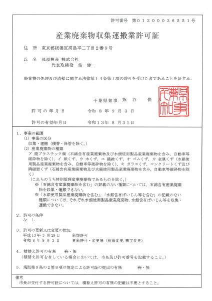 千葉県の許可証画像